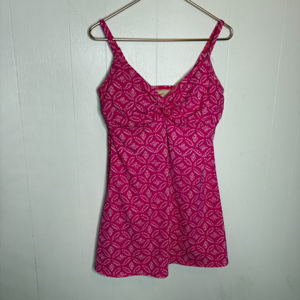 Lands' End Twist Front Swim Dress 12 Pink Geometric Underwired Modest Resort